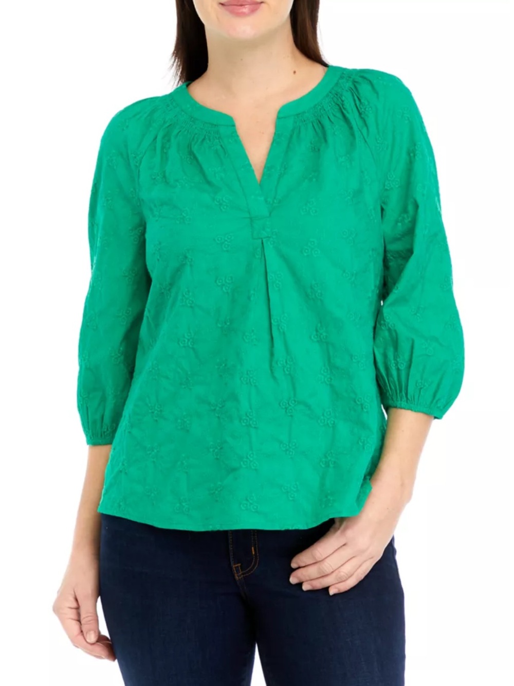 Crown & Ivy 100% Cotton Women's Embroidered Peasant Top in Green - Size Small